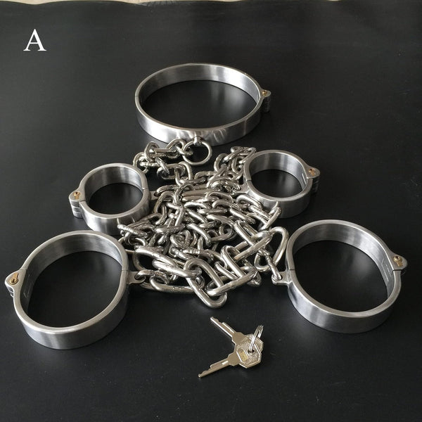 Stainless steel lockable wrist cuffs & leg shackles & collar chain restraint set sexual bondage BDSM set