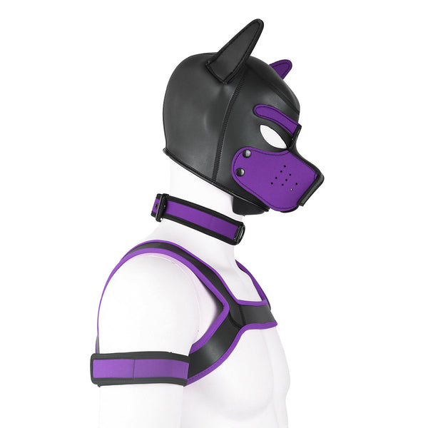 Neoprene Dog Full Face Head Mask Kit, Novelty Costume Pup Hood Mask with Collar and Strap