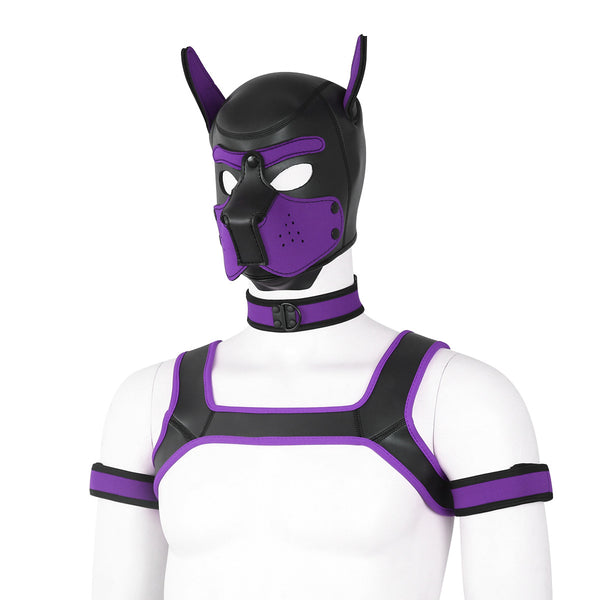 Neoprene Dog Full Face Head Mask Kit, Novelty Costume Pup Hood Mask with Collar and Strap