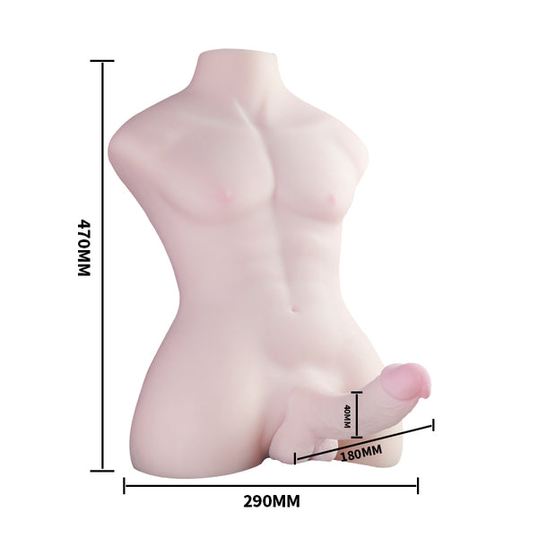 A man's body with a large silicone dildo