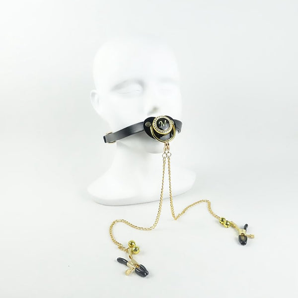 Pacifier Mouth Gag Plug Nipple Breast Clamps Clips Non Piercing Bondage Ball Gag with Choker Sex BDSM Toy for Couples Black