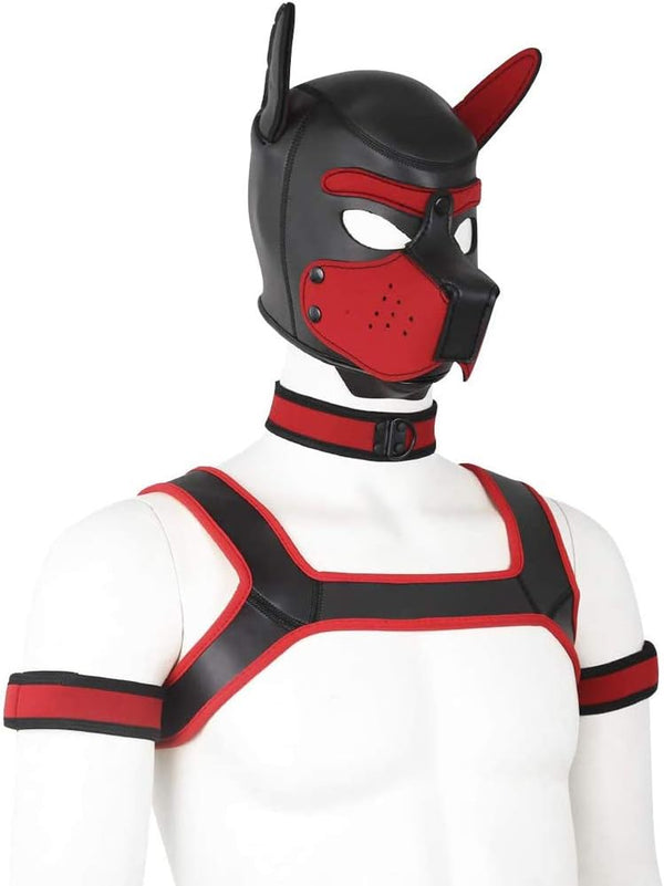Neoprene Dog Full Face Head Mask Kit, Novelty Costume Pup Hood Mask with Collar and Strap