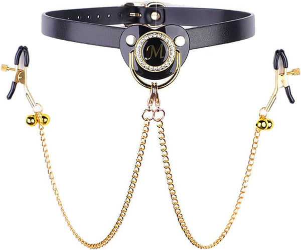 Pacifier Mouth Gag Plug Nipple Breast Clamps Clips Non Piercing Bondage Ball Gag with Choker Sex BDSM Toy for Couples Black