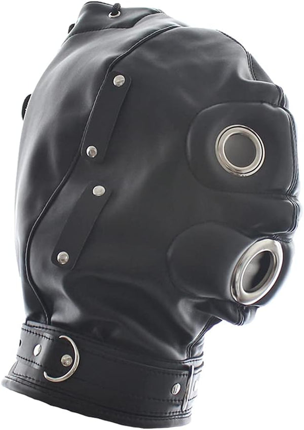 FST Black Leather Bondage Mask Hood,Full Face Blinder Detachable Cover Eye Dildo Mouth Gag Head Hood, for Unisex Adult Play