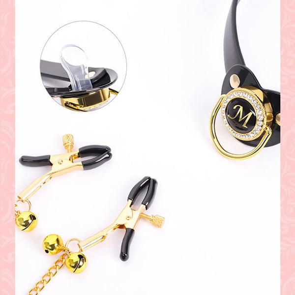Pacifier Mouth Gag Plug Nipple Breast Clamps Clips Non Piercing Bondage Ball Gag with Choker Sex BDSM Toy for Couples Black