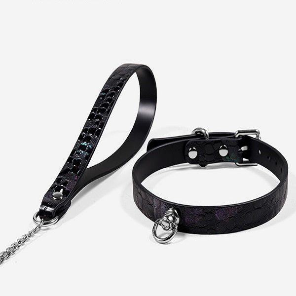 Genuine leather collar, choker, necklace with leash set, customizable engraved dog tag