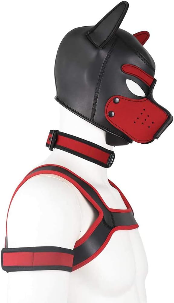 Neoprene Dog Full Face Head Mask Kit, Novelty Costume Pup Hood Mask with Collar and Strap