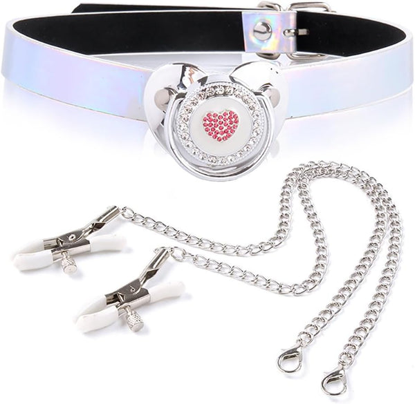 Pacifier Mouth Gag Plug Nipple Breast Clamps Clips Non Piercing Bondage Ball Gag with Choker Sex BDSM Toy for Couples Black