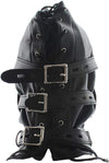 FST Black Leather Bondage Mask Hood,Full Face Blinder Detachable Cover Eye Dildo Mouth Gag Head Hood, for Unisex Adult Play