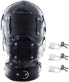 FST Black Leather Bondage Mask Hood,Full Face Blinder Detachable Cover Eye Dildo Mouth Gag Head Hood, for Unisex Adult Play