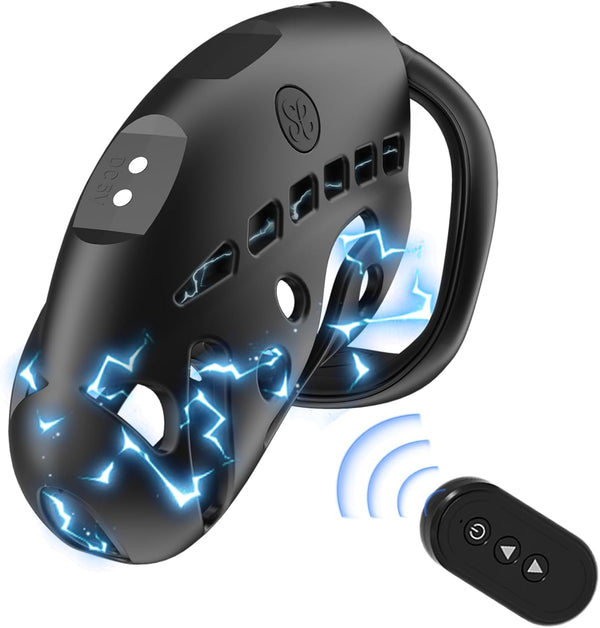 Remote Control Electric Shock Male Cock Cage Chastity Device - 9 e-stim intensities Chastity Cage with 3 Active Rings Adult Sex Toy for Men Penis Exercise | Key and Lock Included