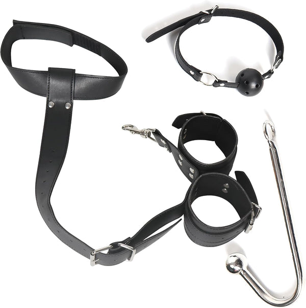 Sex Bondage Anal Hook, Neck to Wrist Behind Back Handcuffs Collar with Anal Trainer & Ball Gag, Bed Restraints Sex Game Accessories Kinky Fetish Role Play Adult Sex Toys for Couple Beginner