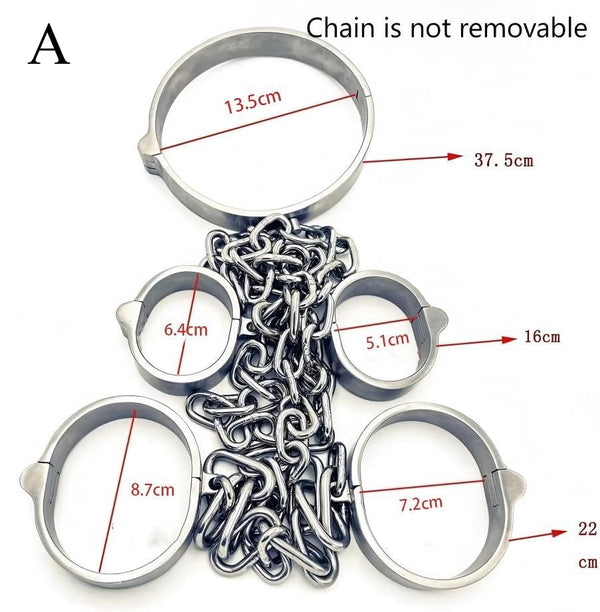 Stainless steel lockable wrist cuffs & leg shackles & collar chain restraint set sexual bondage BDSM set