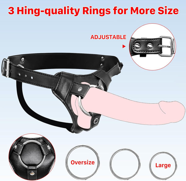 Strap On Dildo Harness, Adult Sex Toys for Women Men for Hands Free Play, Adjustable Waist and Thigh Leather Belt with 3 Size Metal O-Rings for Lesbian Gay Couple Vaginal Anal Play Pegging Dildo