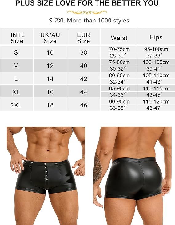 PU leather boxer shorts men's sexy underwear, front-opening wetsuit men's sissy underwear, large size retro shorts stretch underwear