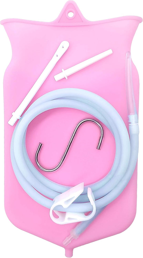Abyclean Non-Toxic Silicone Enema Bag Kit BPA and Phthalates Free Anal Douche for Colon Cleansing with Hose, 3 Nozzle (2 Quart Transparent)
