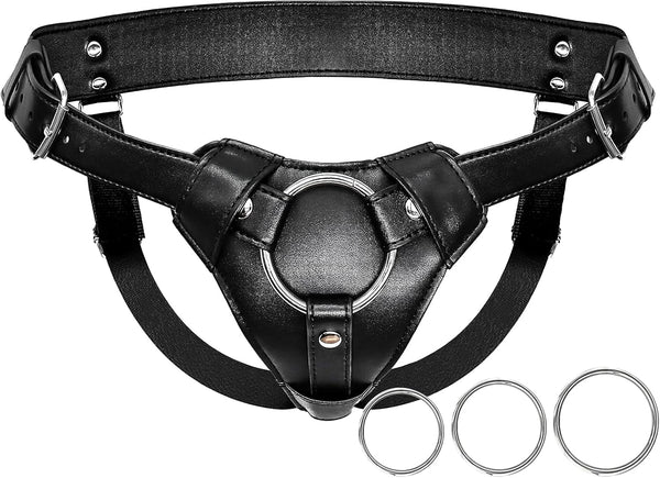 Strap On Dildo Harness, Adult Sex Toys for Women Men for Hands Free Play, Adjustable Waist and Thigh Leather Belt with 3 Size Metal O-Rings for Lesbian Gay Couple Vaginal Anal Play Pegging Dildo