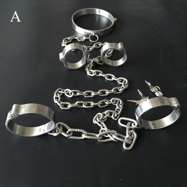 Stainless steel lockable wrist cuffs & leg shackles & collar chain restraint set sexual bondage BDSM set