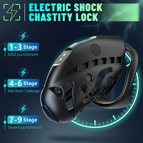 Remote Control Electric Shock Male Cock Cage Chastity Device - 9 e-stim intensities Chastity Cage with 3 Active Rings Adult Sex Toy for Men Penis Exercise | Key and Lock Included