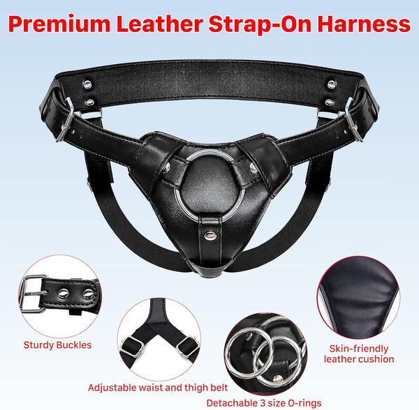 Strap On Dildo Harness, Adult Sex Toys for Women Men for Hands Free Play, Adjustable Waist and Thigh Leather Belt with 3 Size Metal O-Rings for Lesbian Gay Couple Vaginal Anal Play Pegging Dildo