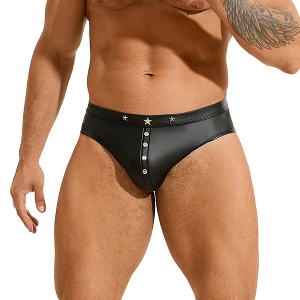 Men's Punk Rivet Faux Leather Briefs Plus Size Leather Thong Low Rise Men's Black Low Rise Fashion Briefs