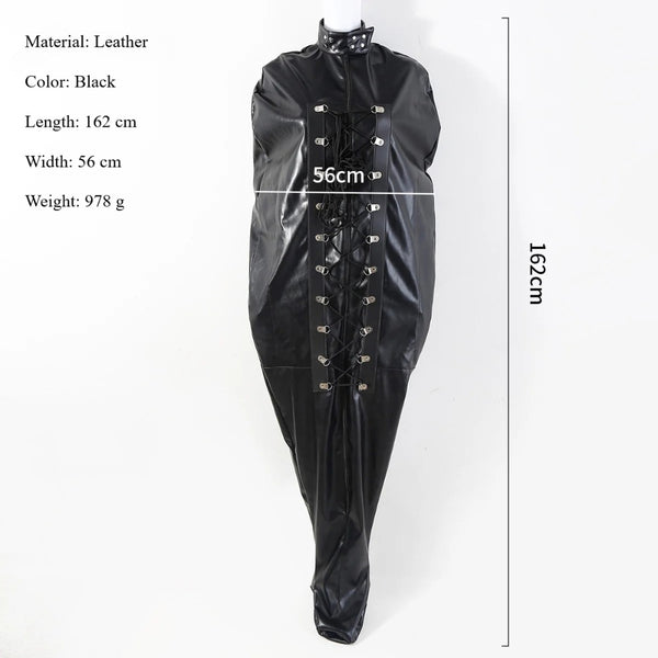 Black leather bondage full body tied leather lace-up suit