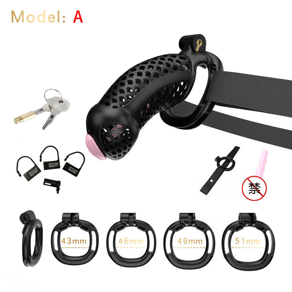 Male extra large chastity cage locking device kit with different sized rings and invisible lock catheter