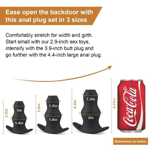 Hollow silicone anal plug, three sizes of anal dilator, for female and male buttocks expansion