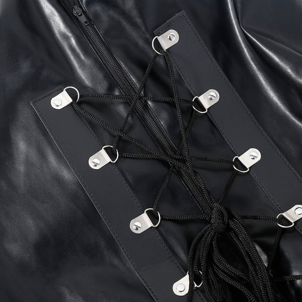 Black leather bondage full body tied leather lace-up suit