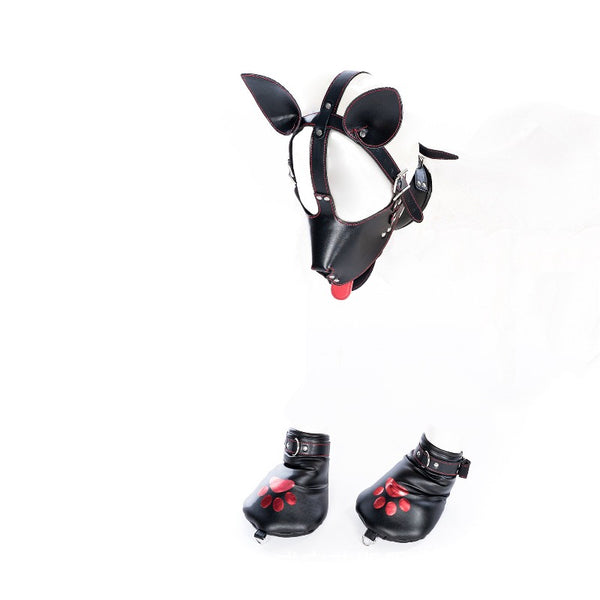 Bondage Mask Set: Faux Leather Pup Play Masks, Sex Roleplay Costumes with Paw Gloves and Harness for Adult Games