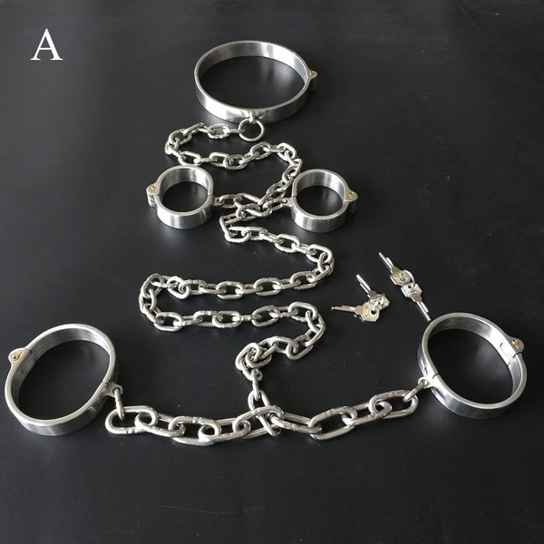 Stainless steel lockable wrist cuffs & leg shackles & collar chain restraint set sexual bondage BDSM set