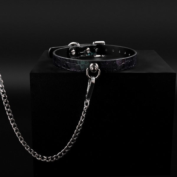 Genuine leather collar, choker, necklace with leash set, customizable engraved dog tag