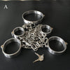 Stainless steel lockable wrist cuffs & leg shackles & collar chain restraint set sexual bondage BDSM set