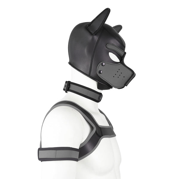 Neoprene Dog Full Face Head Mask Kit, Novelty Costume Pup Hood Mask with Collar and Strap