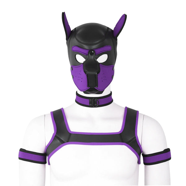 Neoprene Dog Full Face Head Mask Kit, Novelty Costume Pup Hood Mask with Collar and Strap