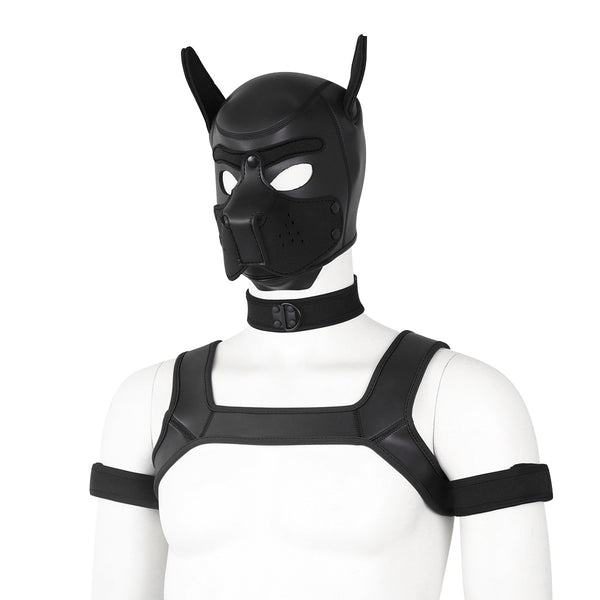 Neoprene Dog Full Face Head Mask Kit, Novelty Costume Pup Hood Mask with Collar and Strap
