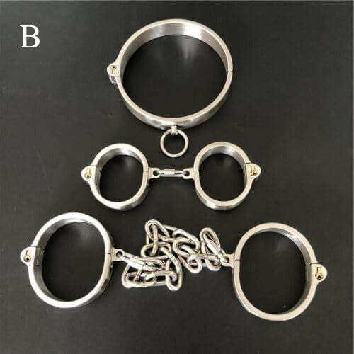 Stainless steel lockable wrist cuffs & leg shackles & collar chain restraint set sexual bondage BDSM set
