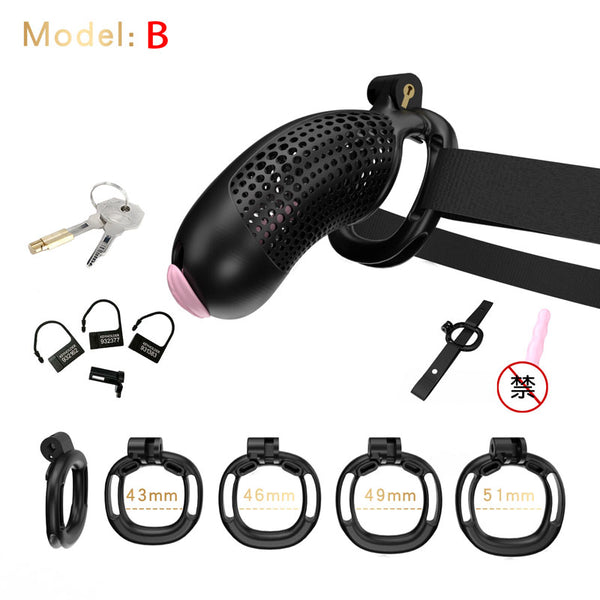 Male extra large chastity cage locking device kit with different sized rings and invisible lock catheter