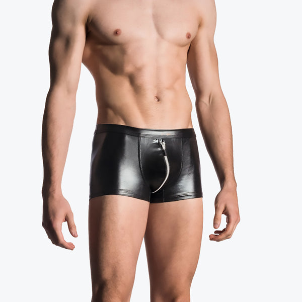 Men's Boxer Briefs Imitation Leather Underwear Shorts Zipper Open Crotch Briefs Low Rise Briefs Boxer Briefs U-Shaped Pocket Briefs