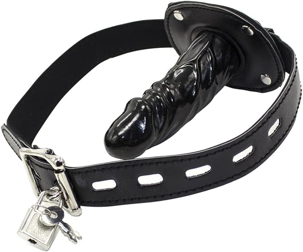 Lockable dildo gag with adjustable straps, realistic penis gag with lock