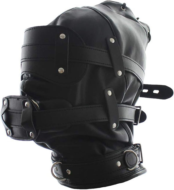 FST Black Leather Bondage Mask Hood,Full Face Blinder Detachable Cover Eye Dildo Mouth Gag Head Hood, for Unisex Adult Play