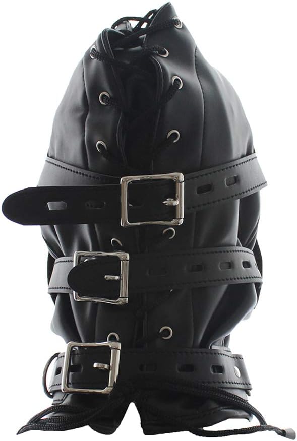 FST Black Leather Bondage Mask Hood,Full Face Blinder Detachable Cover Eye Dildo Mouth Gag Head Hood, for Unisex Adult Play