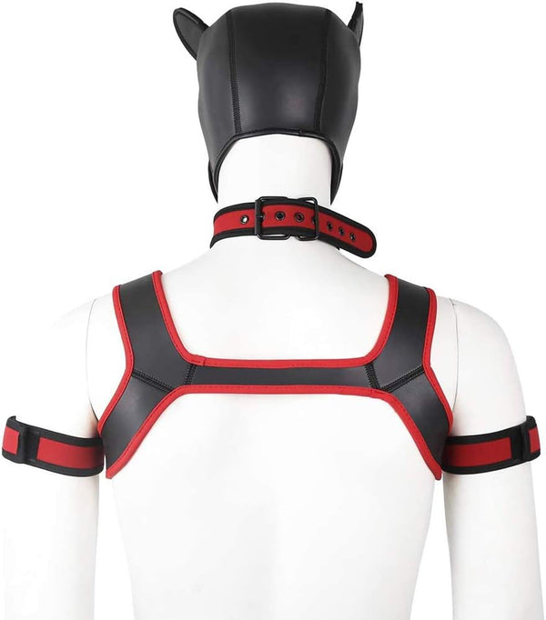 Neoprene Dog Full Face Head Mask Kit, Novelty Costume Pup Hood Mask with Collar and Strap