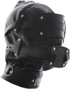 FST Black Leather Bondage Mask Hood,Full Face Blinder Detachable Cover Eye Dildo Mouth Gag Head Hood, for Unisex Adult Play