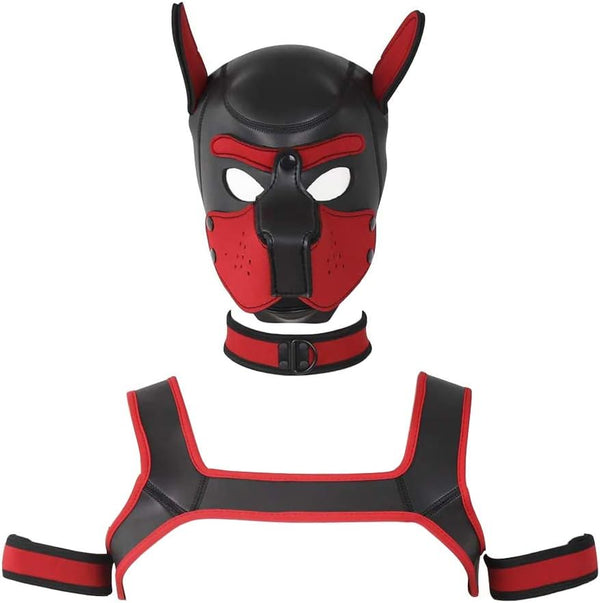 Neoprene Dog Full Face Head Mask Kit, Novelty Costume Pup Hood Mask with Collar and Strap