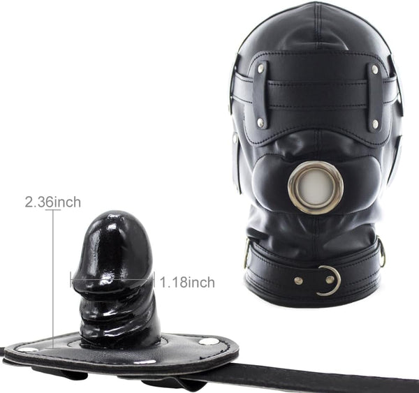 FST Black Leather Bondage Mask Hood,Full Face Blinder Detachable Cover Eye Dildo Mouth Gag Head Hood, for Unisex Adult Play