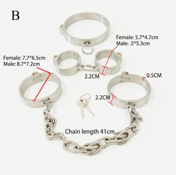 Stainless steel lockable wrist cuffs & leg shackles & collar chain restraint set sexual bondage BDSM set