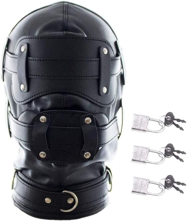 FST Black Leather Bondage Mask Hood,Full Face Blinder Detachable Cover Eye Dildo Mouth Gag Head Hood, for Unisex Adult Play
