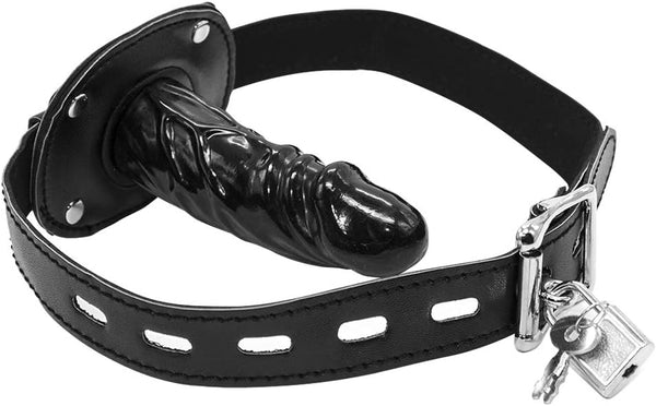 Lockable dildo gag with adjustable straps, realistic penis gag with lock