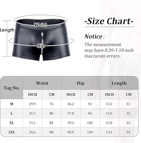 Men's Boxer Briefs Imitation Leather Underwear Shorts Zipper Open Crotch Briefs Low Rise Briefs Boxer Briefs U-Shaped Pocket Briefs